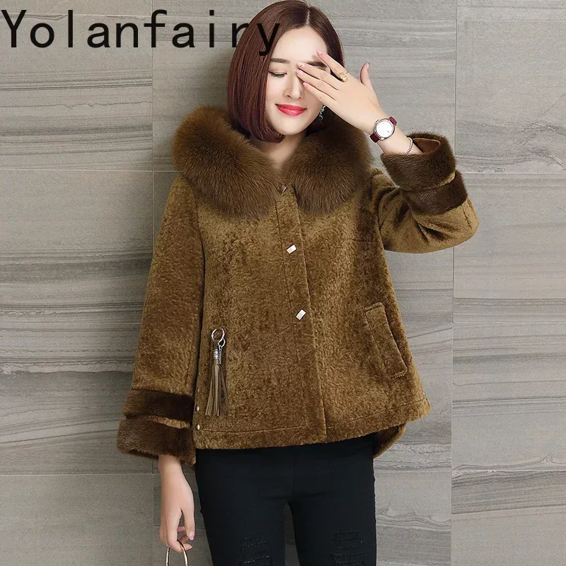 100% Wool Fur Coat Real Fox Fur Collar Hooded Female Jacket Vintage Winter Clothes Women Short Sheep Shearing Coat Ropa Zjt755