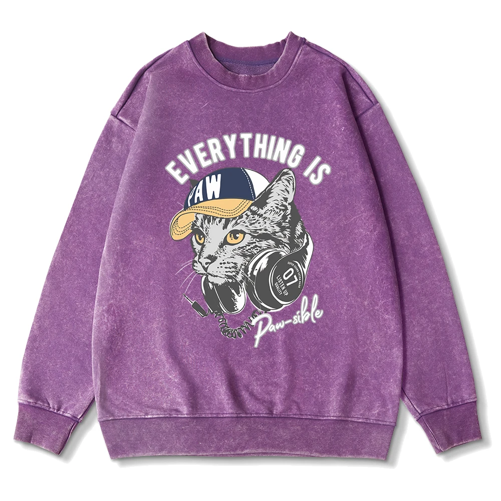 Fashion Men Woman Washed Sweatshirt Hip Hop Cool Cat Printed Pullover Oversize Cotton Crewneck Hoodie Couple Acid Wash Clothes