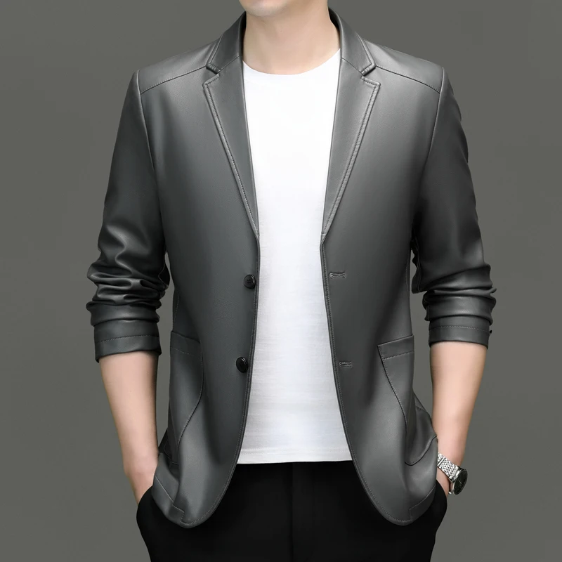 

Spring/Summer New Men's Suit Collar Leather Jacket for Business and Casual Wear PU Leather Jacket for Middle-aged Men's Business