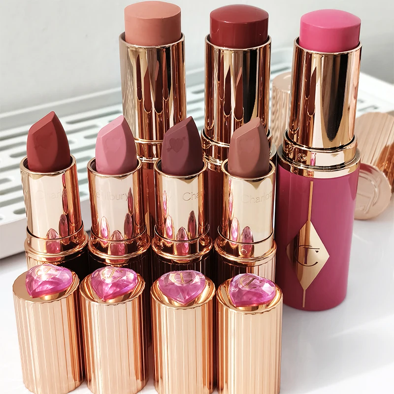 Marque de mode Charlotte, dernier style, 4 couleurs, rouge à lèvres en tube or diamant rose, blush en poudre coloré, Tilbury Cosmetics