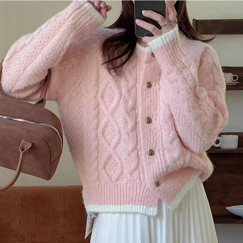 Retro Cable Knitted Sweater for Women Short Korean Style Single Breasted Knit Cardigan Woman Autumn Winter Student Sweater Coat
