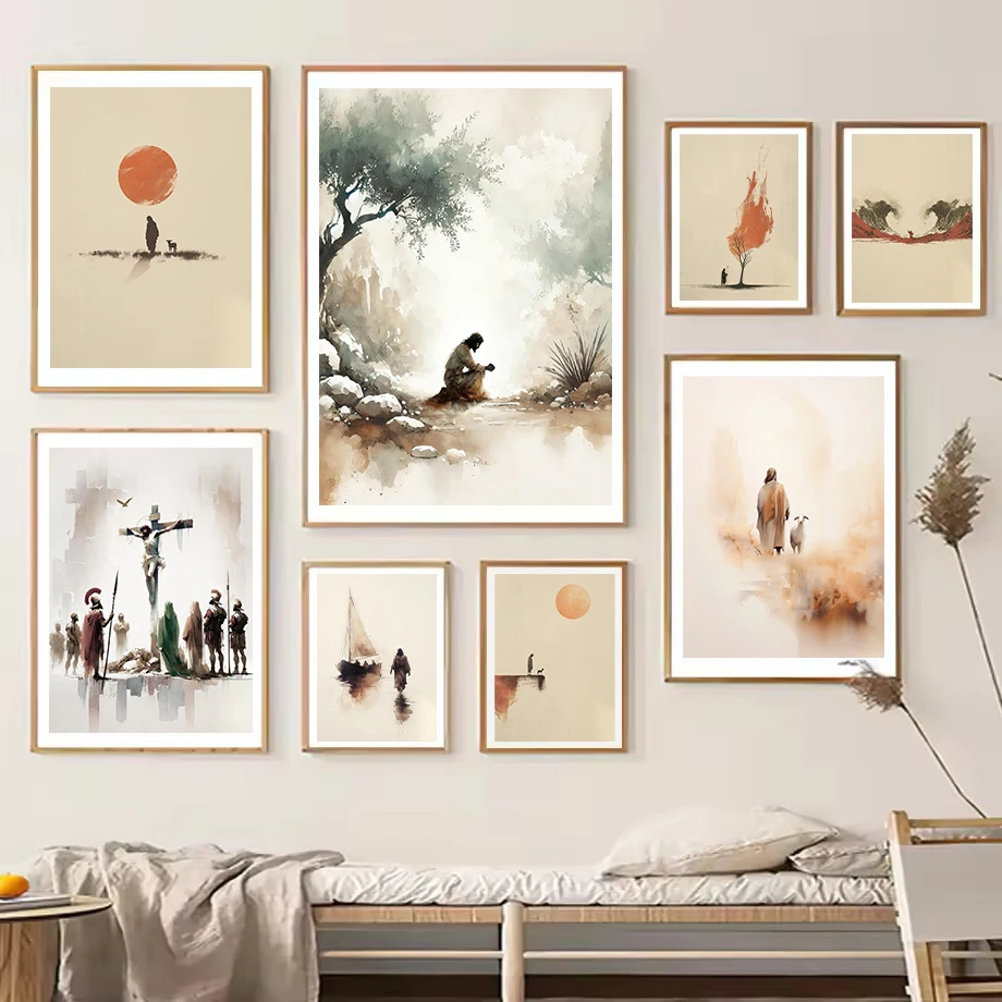 Watercolor Jesus leaves the 99 Garden of Gethsemane Sketches Christian Faith Poster Canvas Painting Wall Art Pictures Home Decor