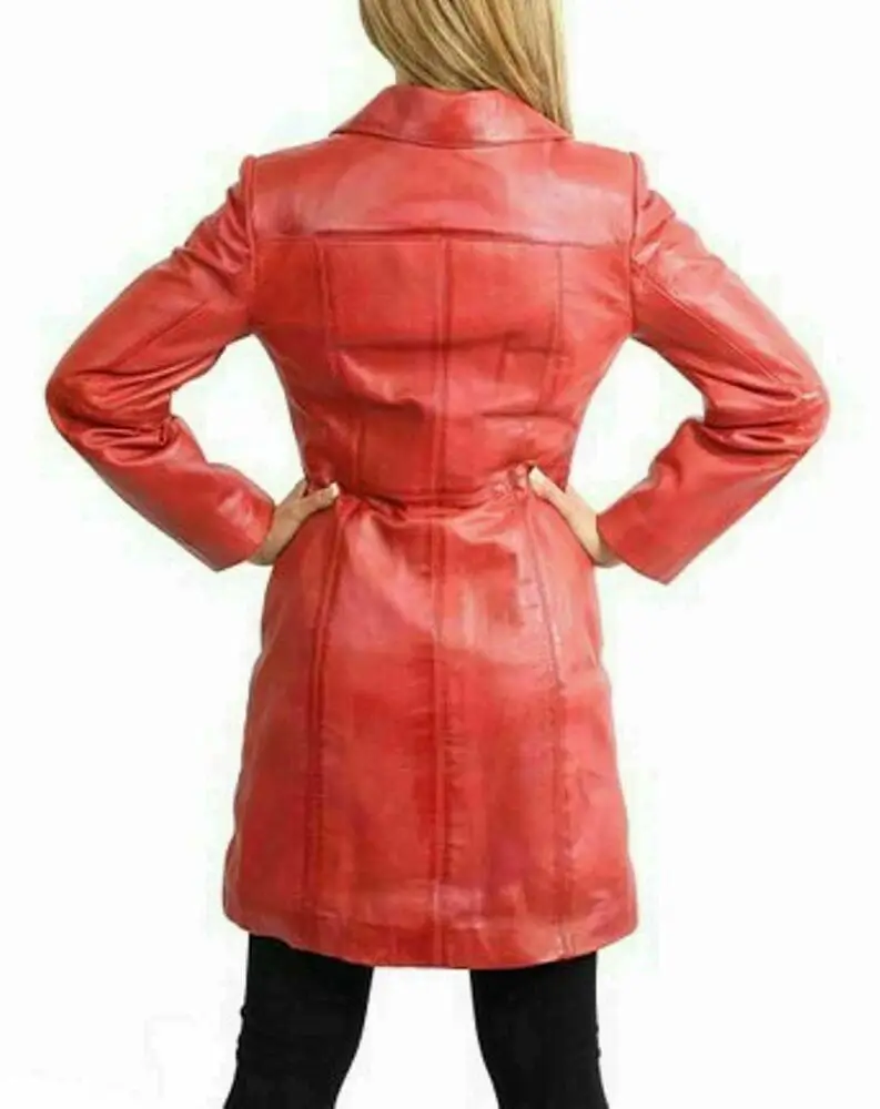 Women's Real Lamb Skin Leather Long Button Red Trench Coat Premium Overcoat