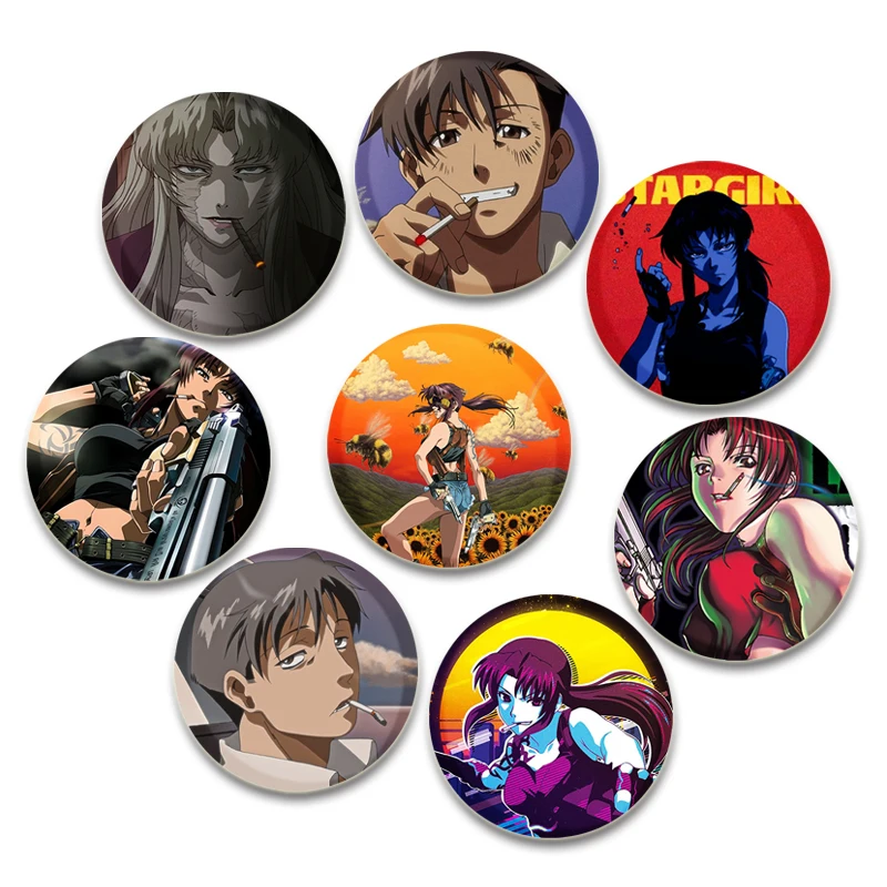 Black Lagoon HD Print Brooches Handmade Anime Badge Revy/Rebecca Cartoon Round Display Lapel Pins Jewelry Gift Accessory