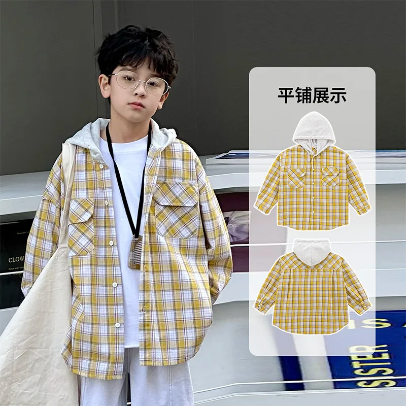 Children Plaid Hooded Shirt Color-blocked For Boys Long Sleeve Blouse With Hoodies Teenage Kids Spring Autumn Clothing Outerwear
