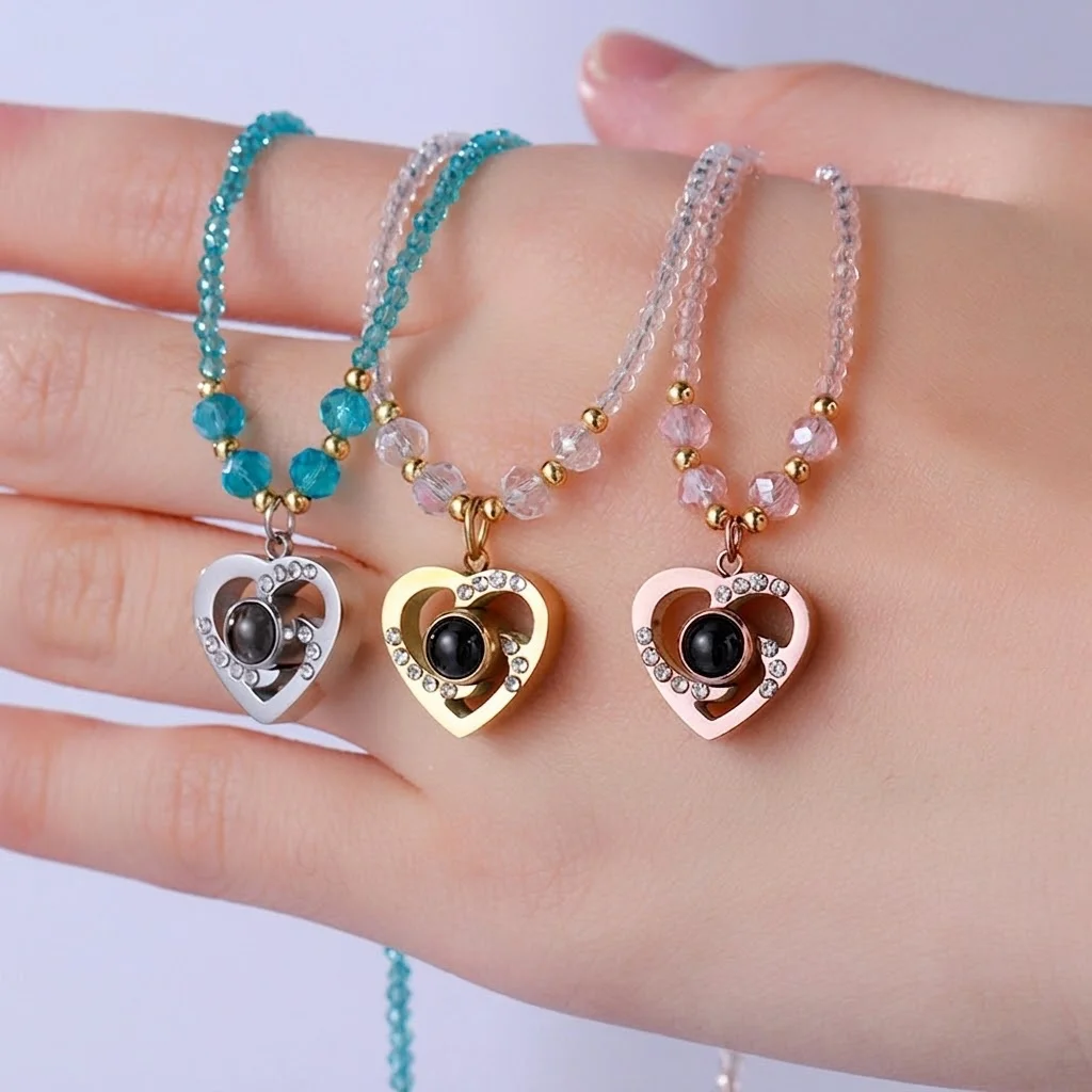 Custom Projection Photo Necklace Heart-Shaped Pendant Personalized Stainless Steel Chain with Crystal Beads