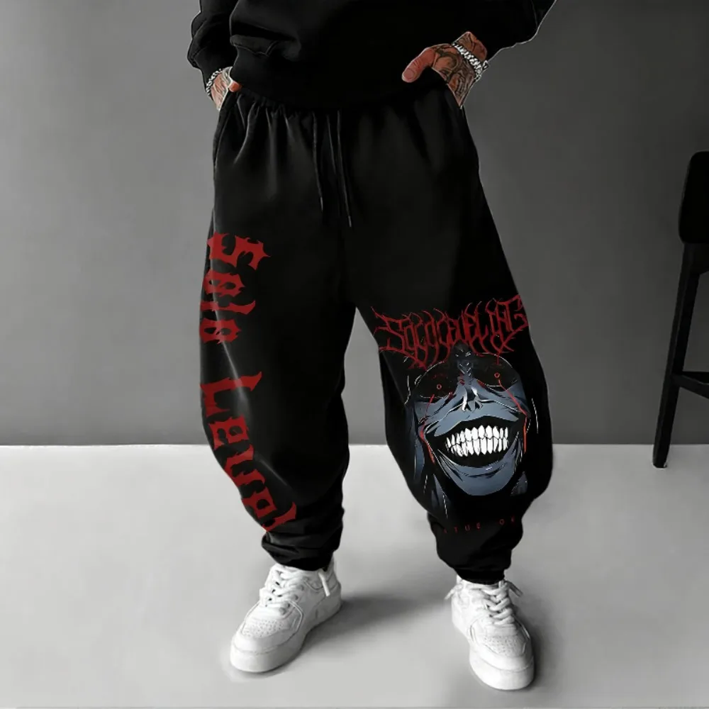 سولو التسوية أنيمي المطبوعة الرجال Sweatpants 2025 الخريف والشتاء جديد فضفاض عادية الأمريكية الهيب هوب سراويل قطنية نقية