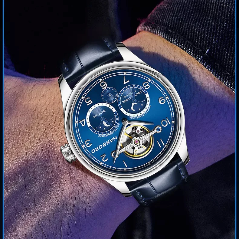 HANBORO Men Automatic Watch 44mm Mechanical Wristwatch Luminous Flywheel Dial Northern Southern Hemisphere 24-Hour Sun Moon