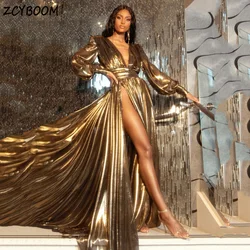 Customized Gold V-Neck Long Sleeves Side Slit Evening Dress 2024 A-Line Floor Length Sweep Train Zipper Custom Made Prom Dress