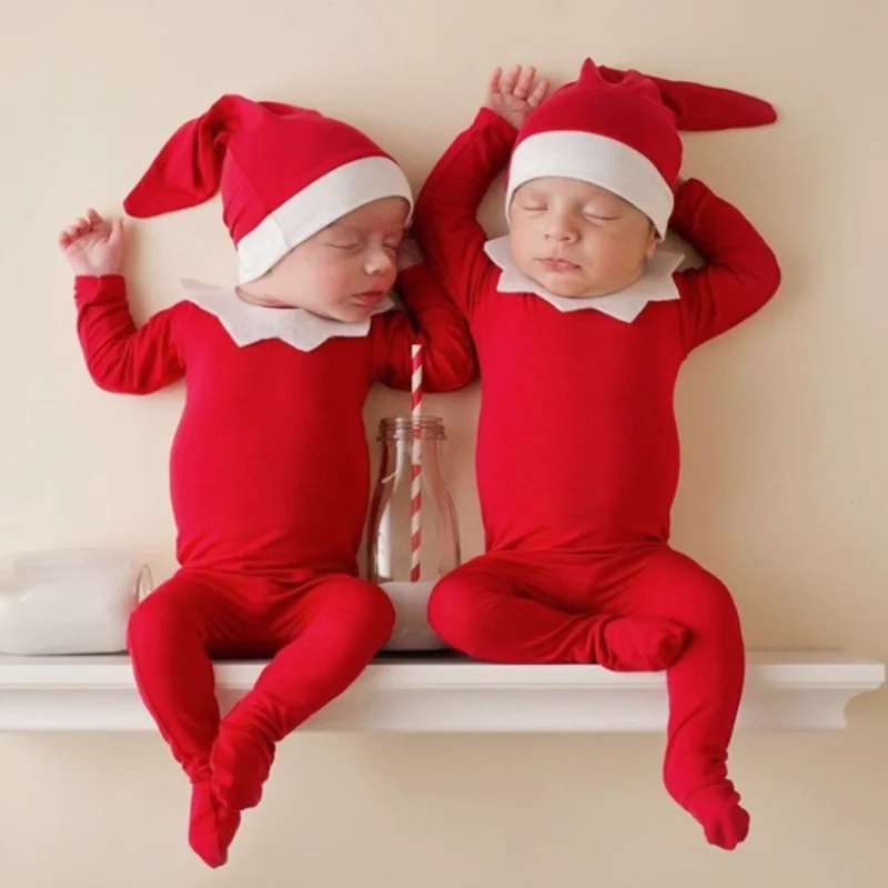 3PC/Set Newborn Photography Props Clothing Christmas Theme Red Romper+White Collar+Long Tail Hat Set Baby Photo Shooting Outfits