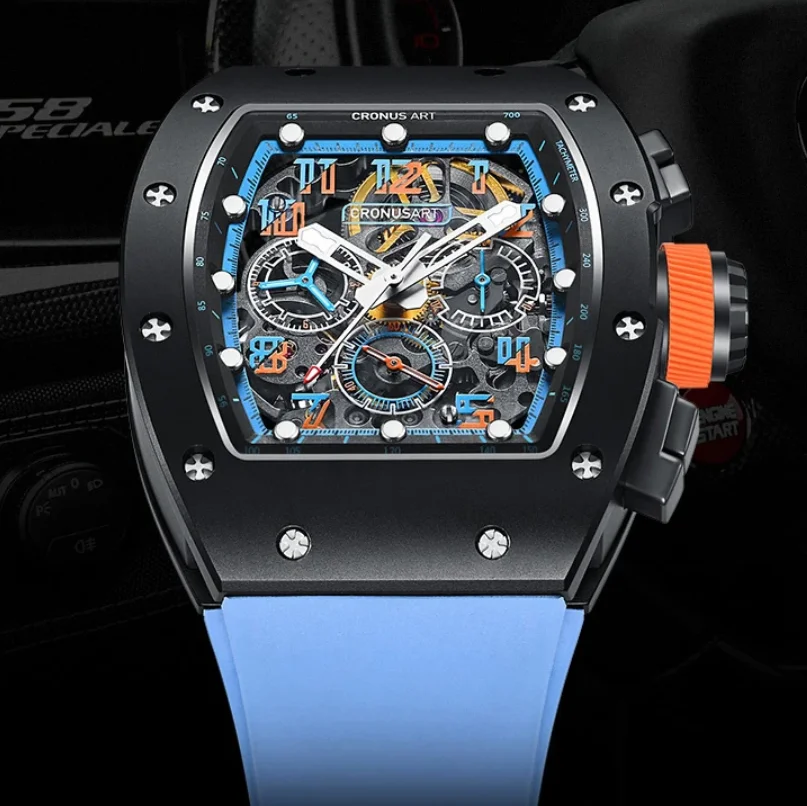 CRONUSART Men Chronograph Watch 50m Tonneau Automatic Mechanical Wristwatch Skeleton Dial Luminous Sapphire Fluororubbe Strap