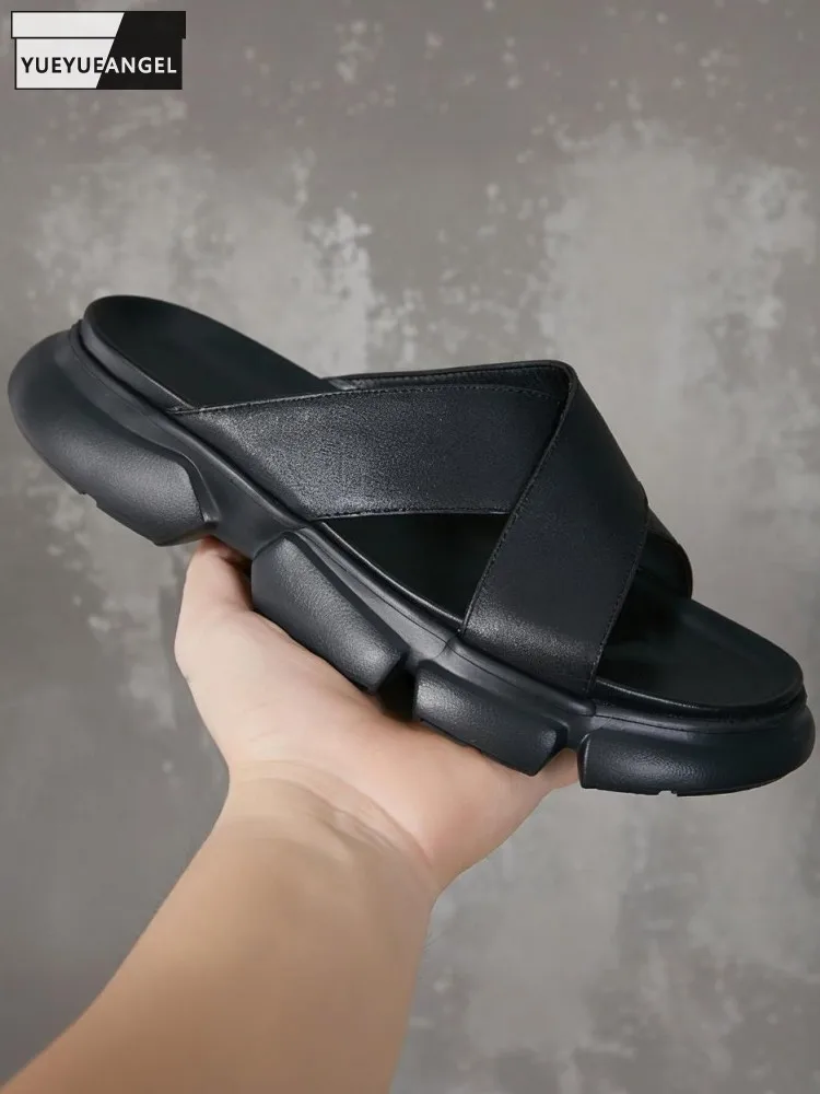 Trendy Male Cowhide Platform Height Increase Solid Color Slippers Genuine Leather Breathable Wearing Outside Leisure Beach Shoes