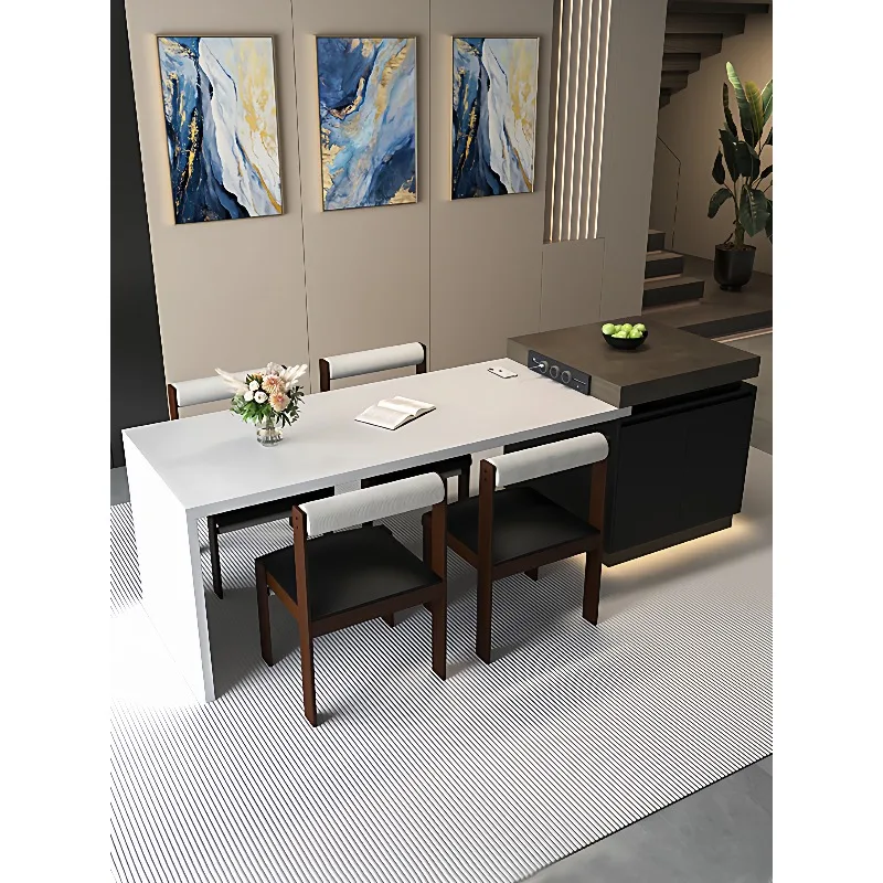 Dining table integrated household kitchen ceiling retractable rock slab kitchen