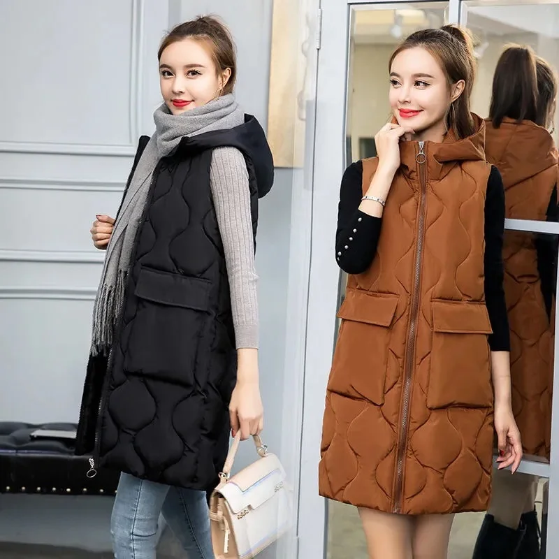 

Women's Sleeveless Vest Long Down Cotton Jacket Solid Korea Hooded Padded Vests Loose Females 2024 Fashion Waistcoat Winter Coat