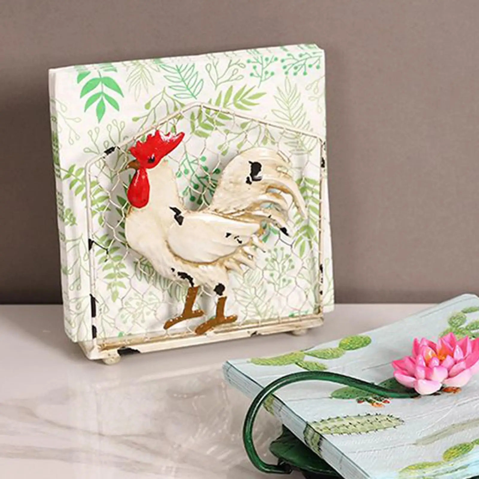 

Napkin Holder Rustic Rooster Decor Box Dispenser Cocktail Napkin Holder for Farmhouse Bathroom Kitchen Dining Christmas Guest