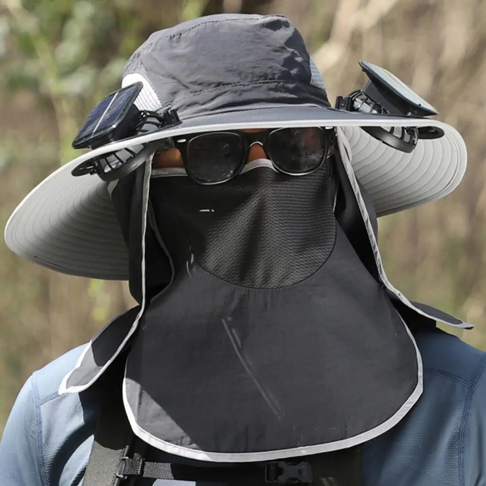 New 2025 Wide Brim Sun Hat with 2 Solar Fan Bucket Hat with Neck Flap Face Guard Adjustable Fan Hat Fishing Camping Beach