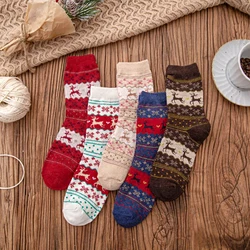 5 Pairs Christmas Elk Printed Wool Socks Winter Thicken Warm Soft Xmas Deer Jacquard Socks for Women New Year Mid Tube Socks