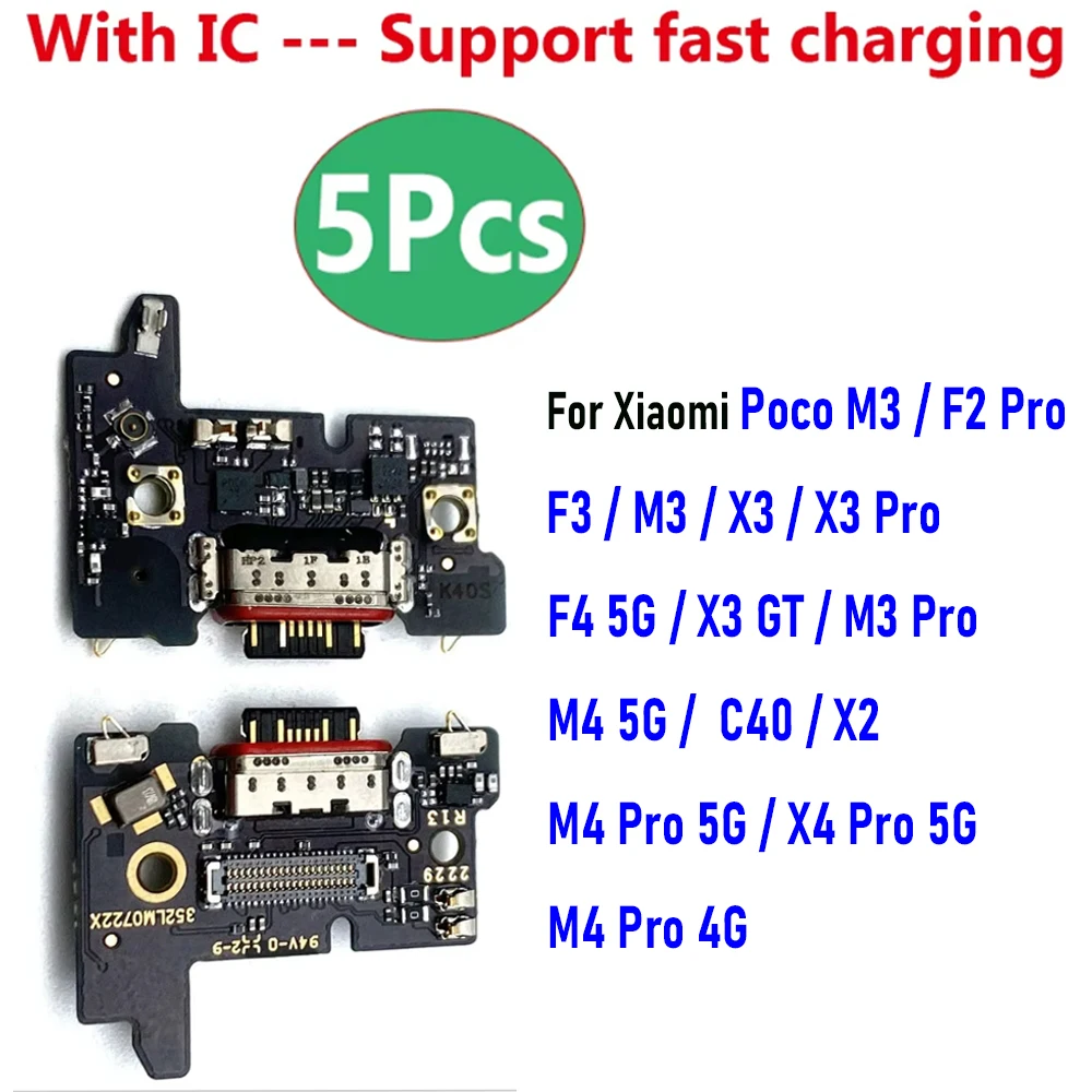 5Pcs，USB Charging Port Connector Board Flex With Microp For Xiaomi Poco C40 X2 F2 X3 X4 M4 Pro 4G GT F3 F1 F4 5G fast charging