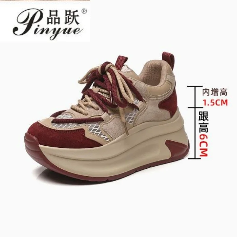 

7.5cm Women Genuine Leather Platform Sneakers mesh surface is breathable Wedge Heel Casual Shoes Chunky Sneakers Fashion Shoes