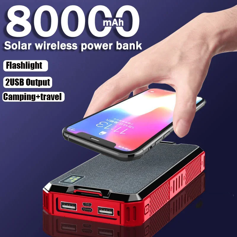 

Solar Power Bank Wireless 80000mAh Portable Charger High Capacity Outdoor Travel Auxiliary Battery Flashlight for iPhone MI