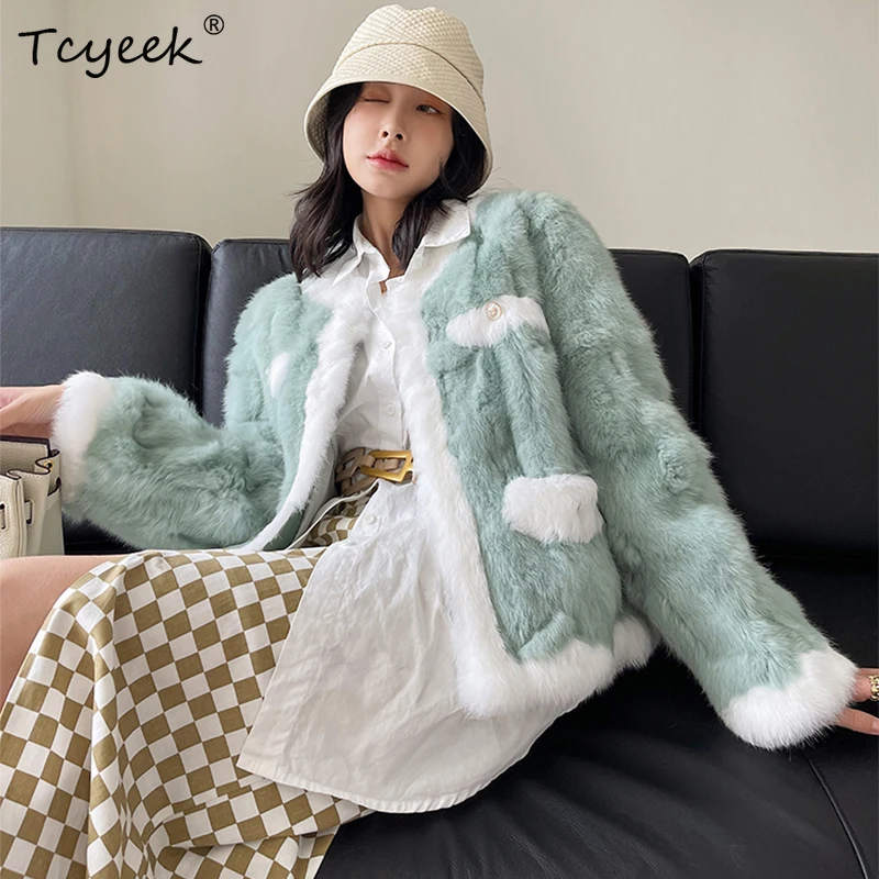 

Rex Rabbit Fur Coat Women's Winter New Korean Short Loose Socialite Style Outerwear Contrast Color Stitching Real Fur Jacket