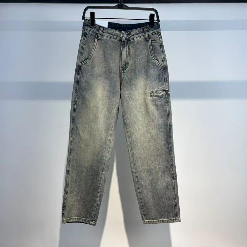 

Мужские джинсы прямого кроя в стиле ретро с эффектом потертости, модные свободные брюки для осени и зимы, цвет пудровый беж.