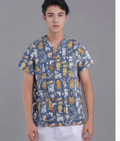Surgical Shirt Man Cartoon Print Shirt Summer Dentistry Hospital
