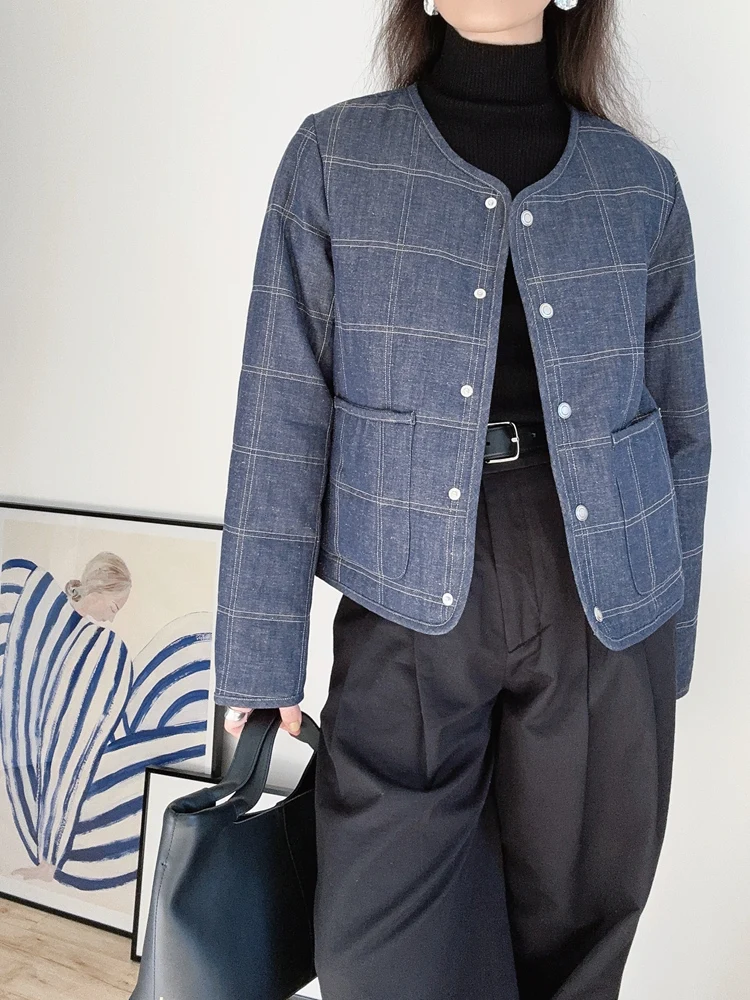 

Легкая женская куртка из хлопка с подкладкой, осенне-зимняя, модная, маленький размер, люксовая, французская, с круглым вырезом, на пуговицах