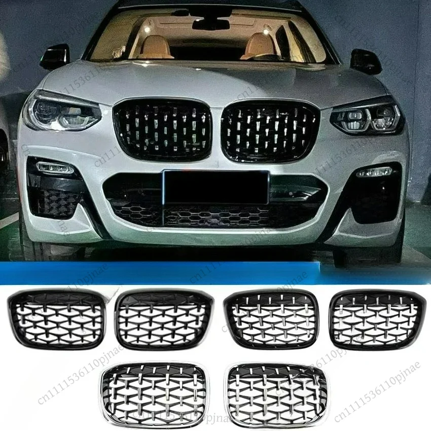 2Pcs Silver and Black Diamond Style Grills Replacement Grille For BMW X3 X4 G01 G02 G08 2017-2021 Car Front Bumper Grill Kits