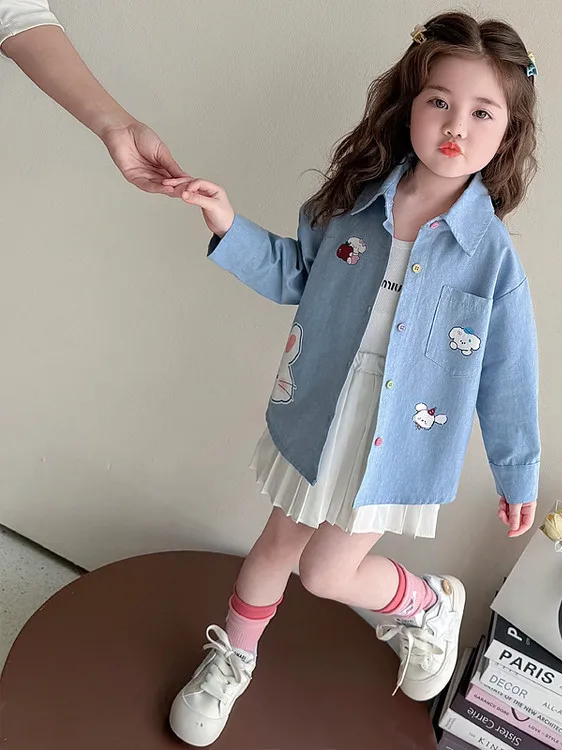 

Spring Faion Children's irt Rabbit Baby Thin Outerwear Casual Sle Long Sve Denim irt Girls' Spring Clothing Top