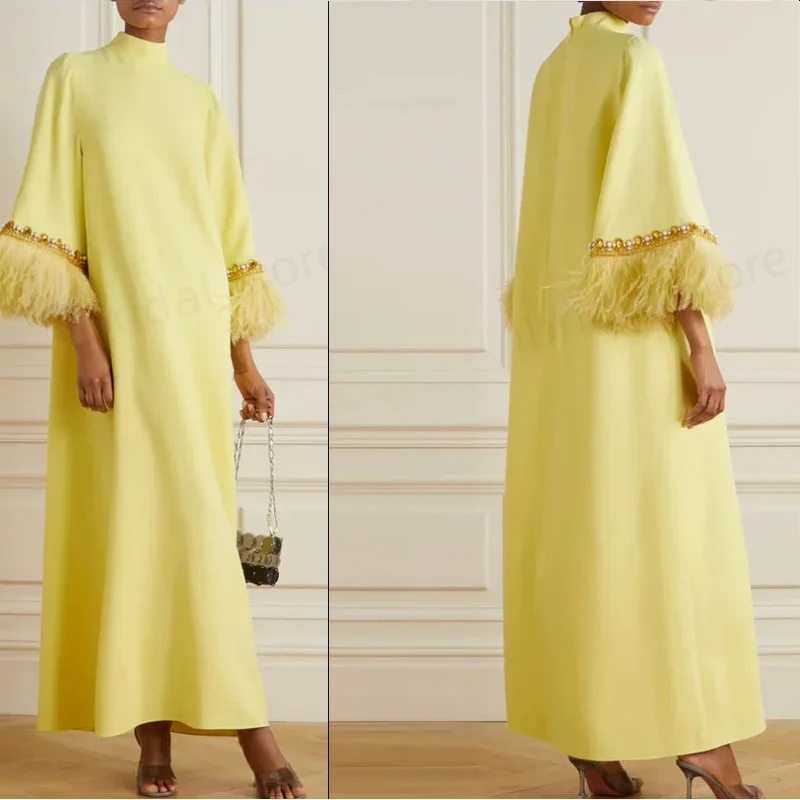 

Customized A-Line High Neck Dubai Prom Dress Ankle Length With Long Sleeves Evening Summer Elegant Party Dress For Women