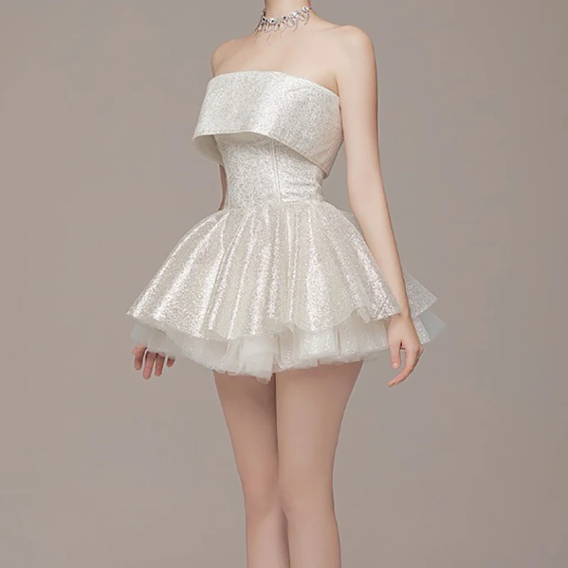 Elegant Glitter Hight Waist Solid Party Dress Fashion Backless Slim Evening Dress Sexy Strapless Sleeveless Bodycon Mini Dresses