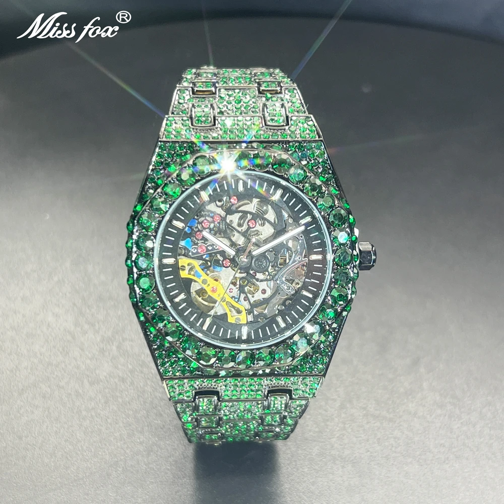 Automatic Watch For Men Luxury Full Green Ice Out Business Tourbillon Watches Bling Diamond Gold Male Mechanical Wristwatch