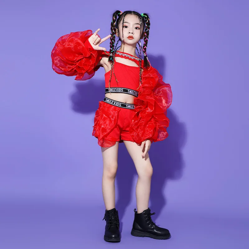 Disfraz de baile de Jazz para niña, traje de Kpop para adolescentes, ropa de escenario de actuación de Hip Hop, Tops de manga esponjosa roja,
