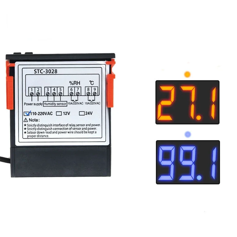 STC-3028 Dual Digital Thermostat Temperature and Humidity Controller Thermometer Hygrometer Controller AC110-220V DC12V/24V 10A