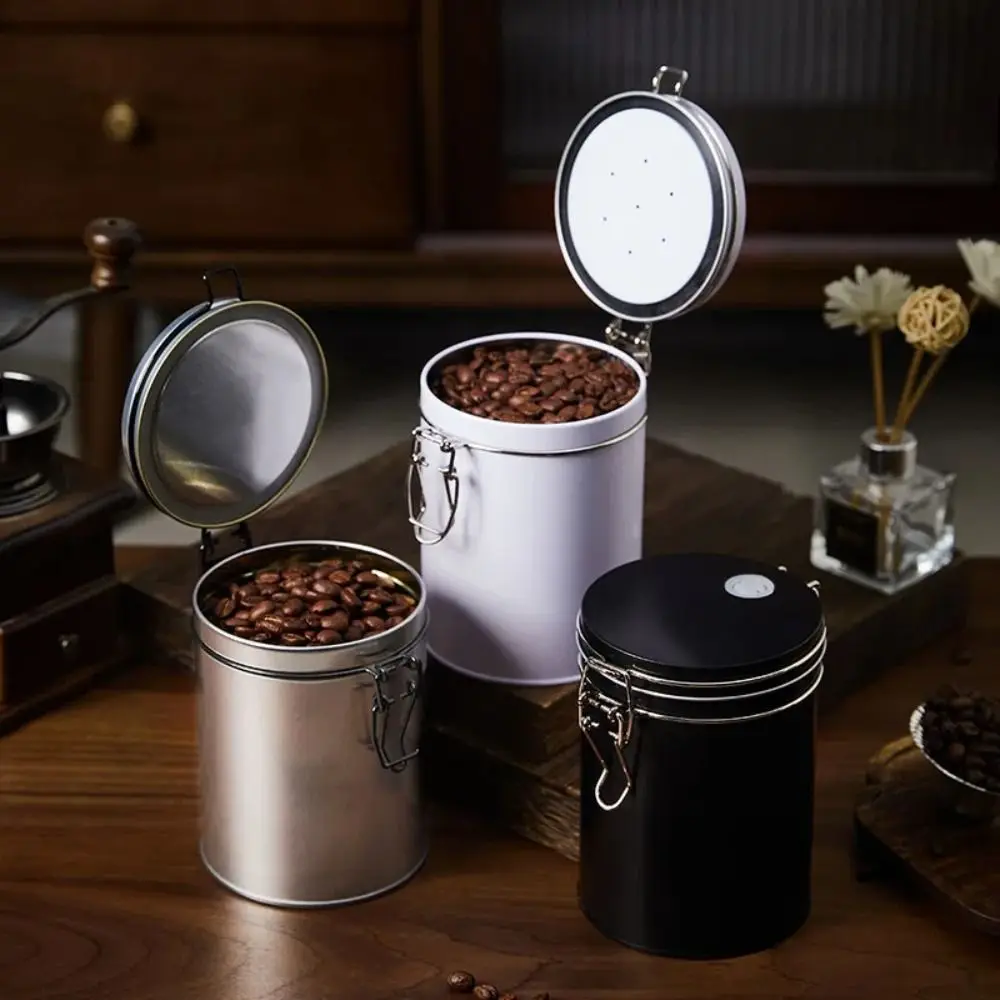 Tinplate Airtight Coffee Canister Large Capacity with Check Valve Beans Storage Container Clamp Lid Smell Proof