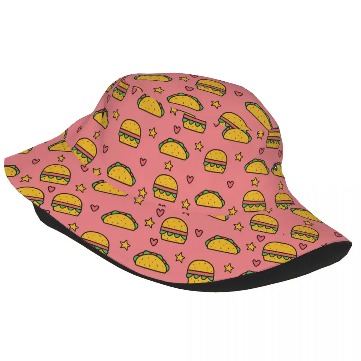 Fashion Burger Pattern Bucket Hat Men Women Doodle Cartoon Beach Sun Summer Fisherman Cap