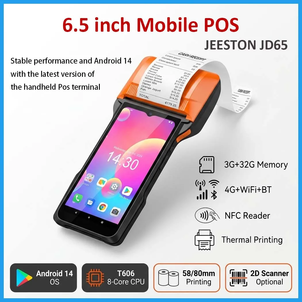 6.5 inch Android 14 3G+32G Mobile POS Terminal 80mm Thermal Label Printer with 4G WIFI BT 2D Scanner PDA