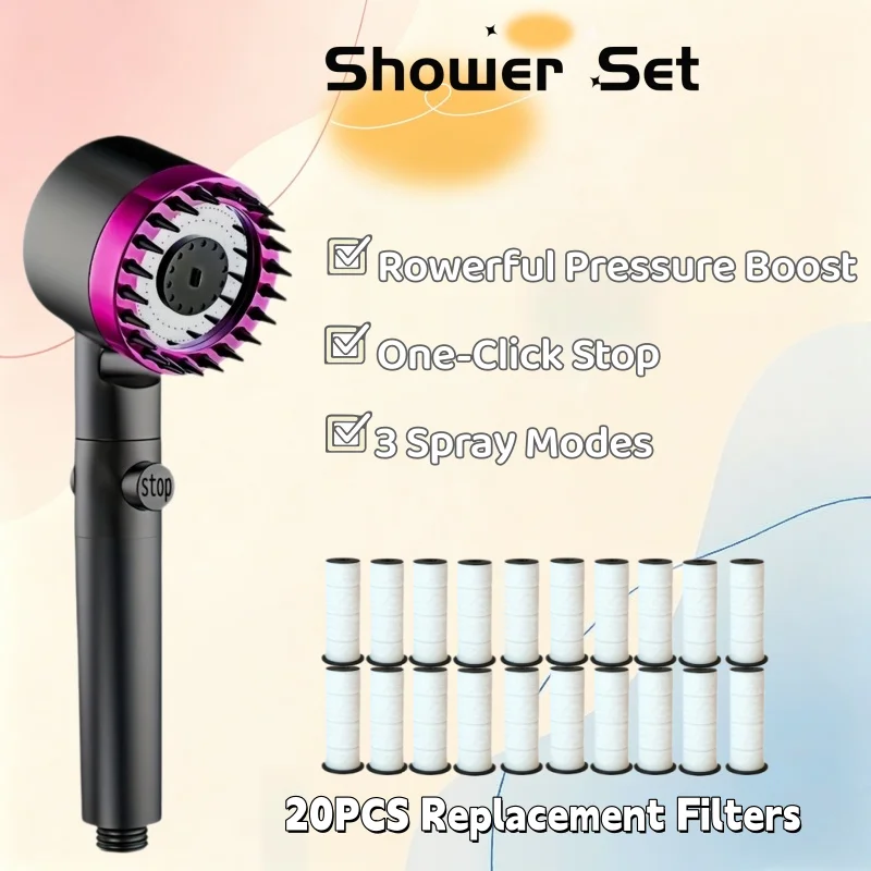 Purple High Pressure Shower Set 10/15/20PCS Filters, Built-in Filter, 3 Modes, One Key Stop, Hard Water Purification for Showe