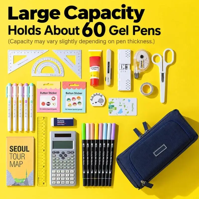 Multi Compartment Pencil Case with Visible Interior Pocket and Sectioned Storage for School, Office, Drawing, and K1KF