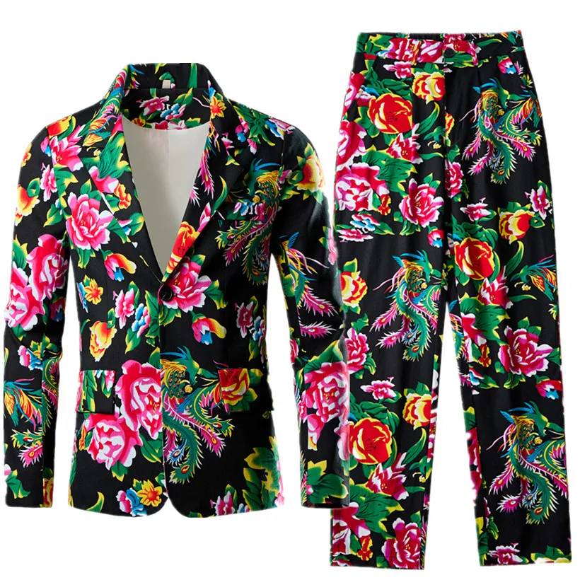 

Black Mens Printed Suit 2-Piece, Single Button V Collar Cotton Jacket with Trousers, Asian Size Loose Fit Sets.