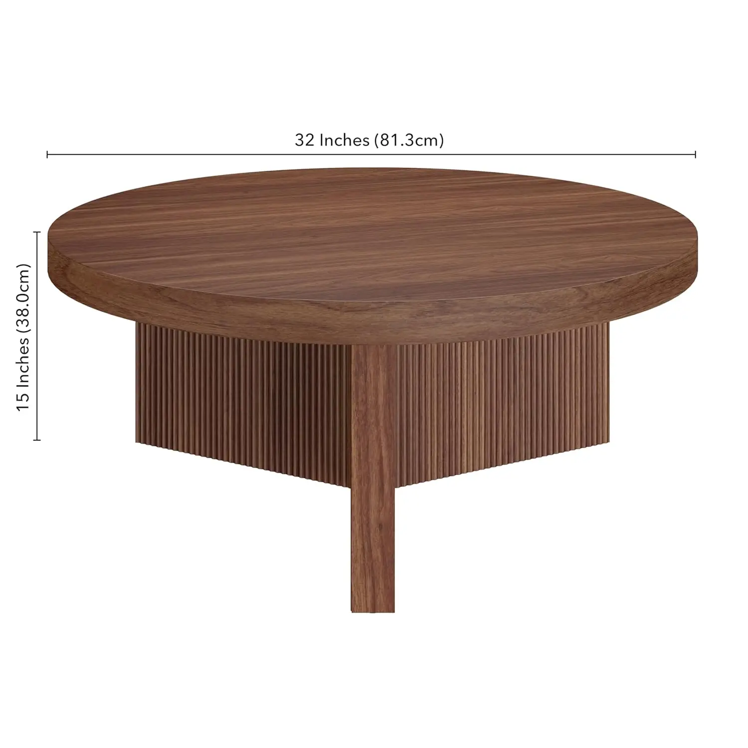 36" Fluted Round Low-Profile Coffee Table With Ribbed Pedestal Base Living Room, Family Room, Or Office, Satin Walnut