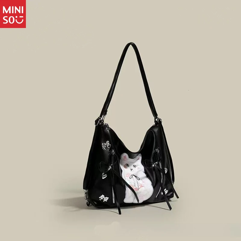 Miniso 2025 Y2K Underarm Tote Bag, Spacious Rabbit Print Commuter Backpack, Alt Subculture Purse
