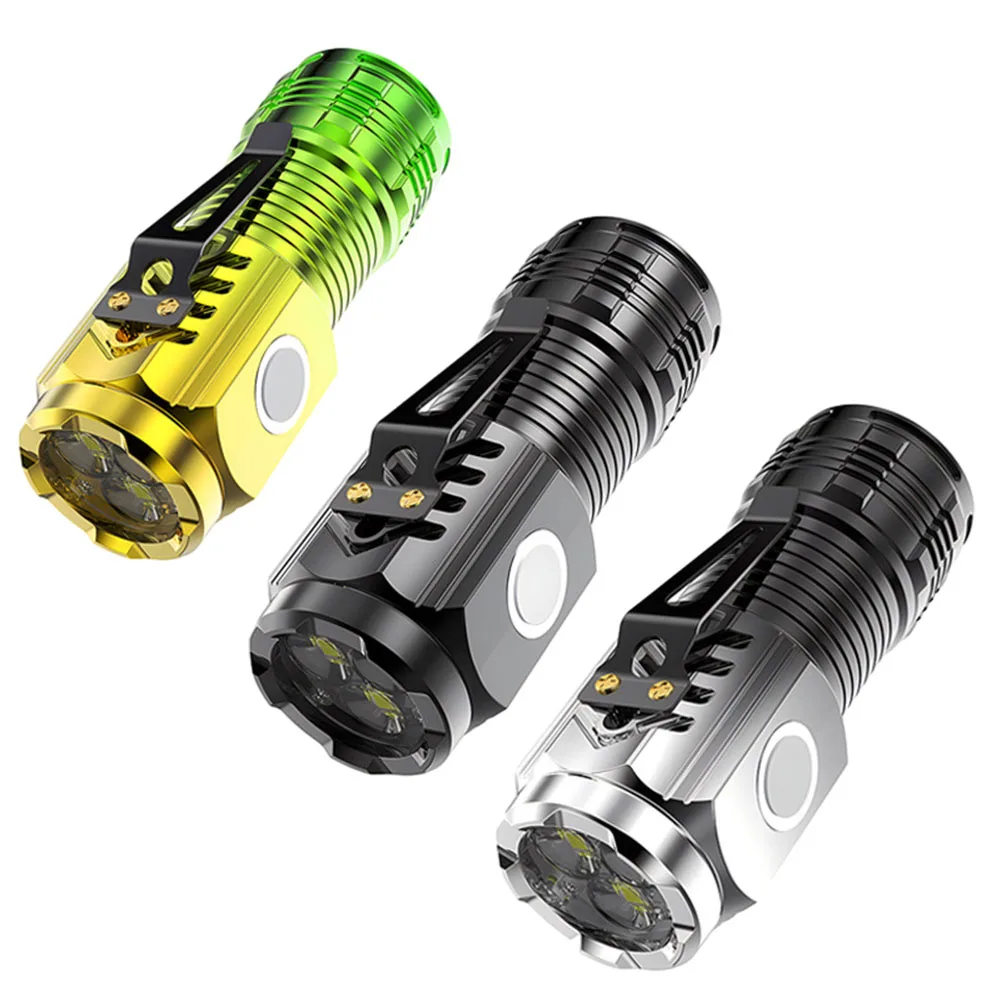 MINI Powerful LED Flashlight Strong Light Three-eyed ABS Flashlight Rechargeable Waterproof Clip Light Outdoor Portable Lighting