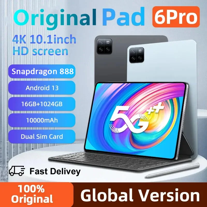 

2024 New Original Pad 6 Pro Tablet Android 13 16GB 1TB Dual SIM 10.1inch WPS GPS Bluetooth 5G Network Phone Call Mi Tab PC