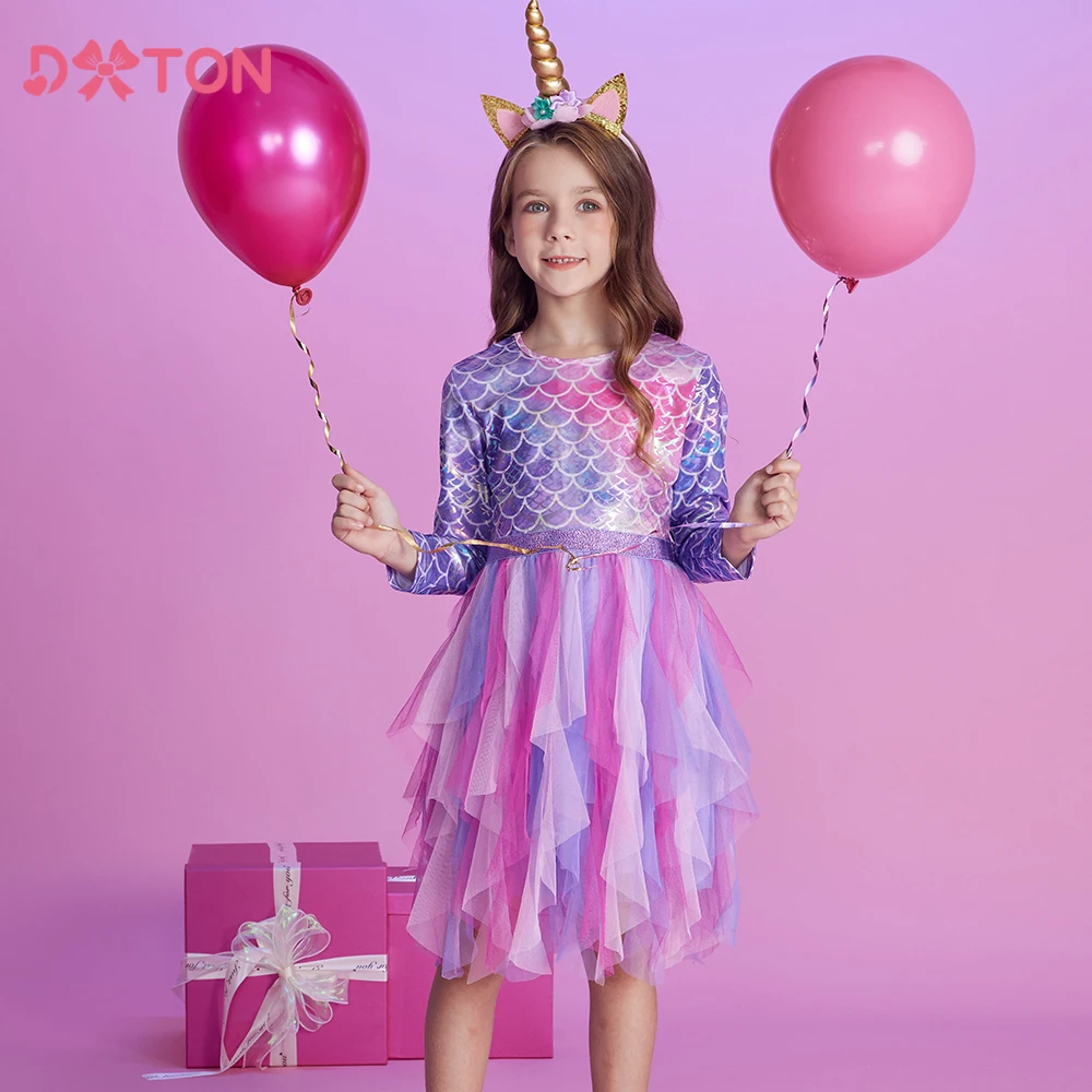 

DXTON Children's Dress Spring Autumn Mermaid Prom Princess Dresses Gradient Irregular Colorful Mesh Girls Vacation Party Clothes