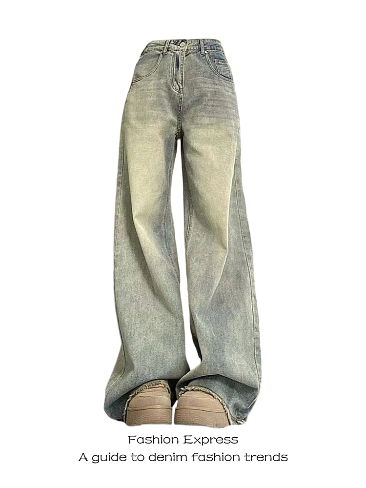 

Retro American Faded Straight Leg Jeans Women's High Waist Wide Leg Floor-Length Pants Autumn Winter New Sle Blue Denim