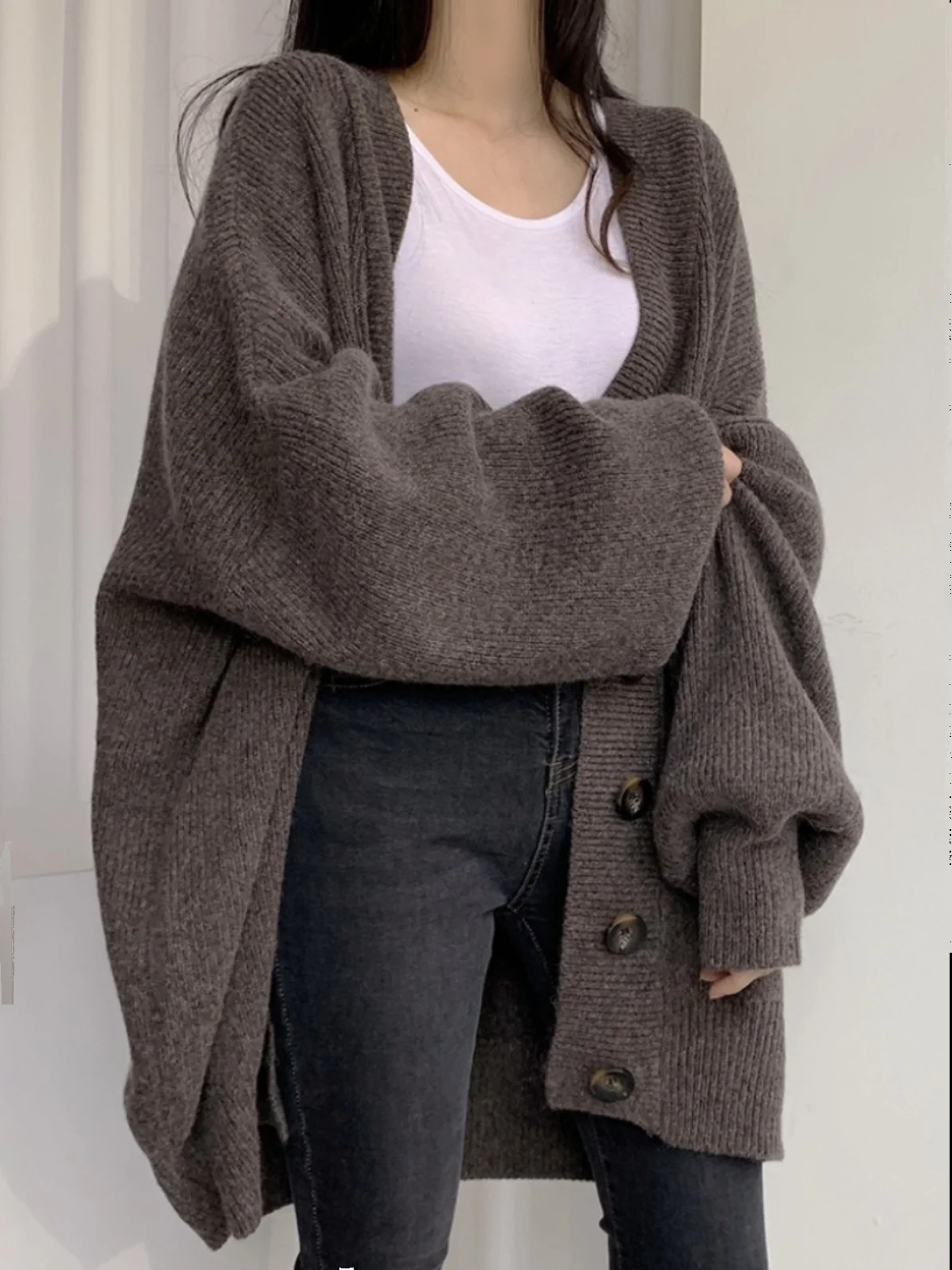 

Корейский трикотаж Lazy Sle V-Ne, верхняя одежда, женский весенне-осенний свободный мягкий вязаный открытый кардиган средней длины