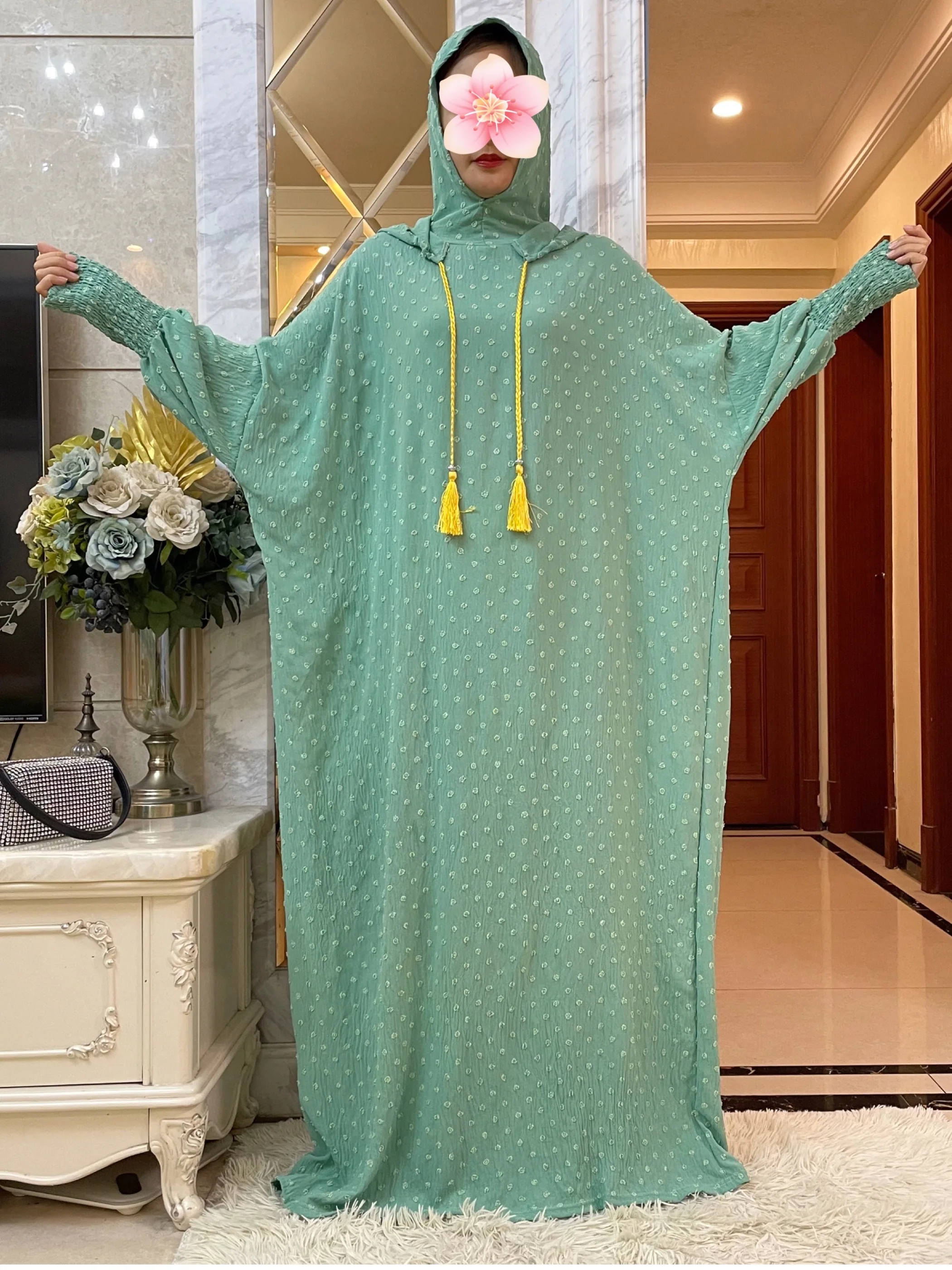 New Ramadan Muslim Two Hats Abaya Dubai Turkey Islam Prayer Clothes Cotton Jacquard Fabric Dresses Islam Women Dress Kaftan