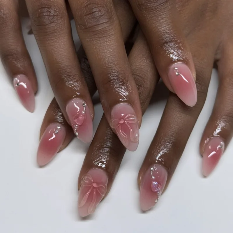 

24 шт., миндальные румяна, пресс для ногтей, сладкий бриллиант, милый бант, накладные ногти в европейском и американском стиле, носимые накладные ногти для женщин, Girl 네일 название 투명